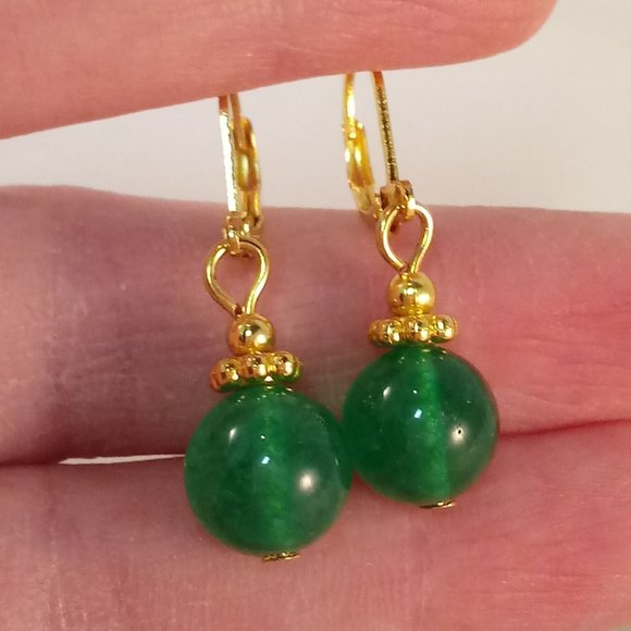 Natural 10mm Green Jade Gemstone Bead Dangle Earrings AAA Yellow Gold Party Gift - Picture 1 of 4